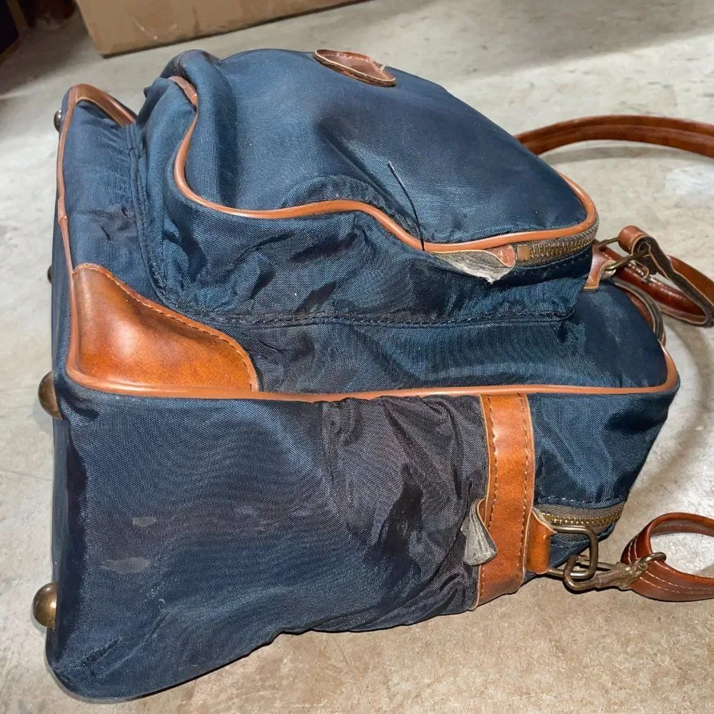Vintage Overnight Bag canvas with leather trim navy and leather 17” x 11”